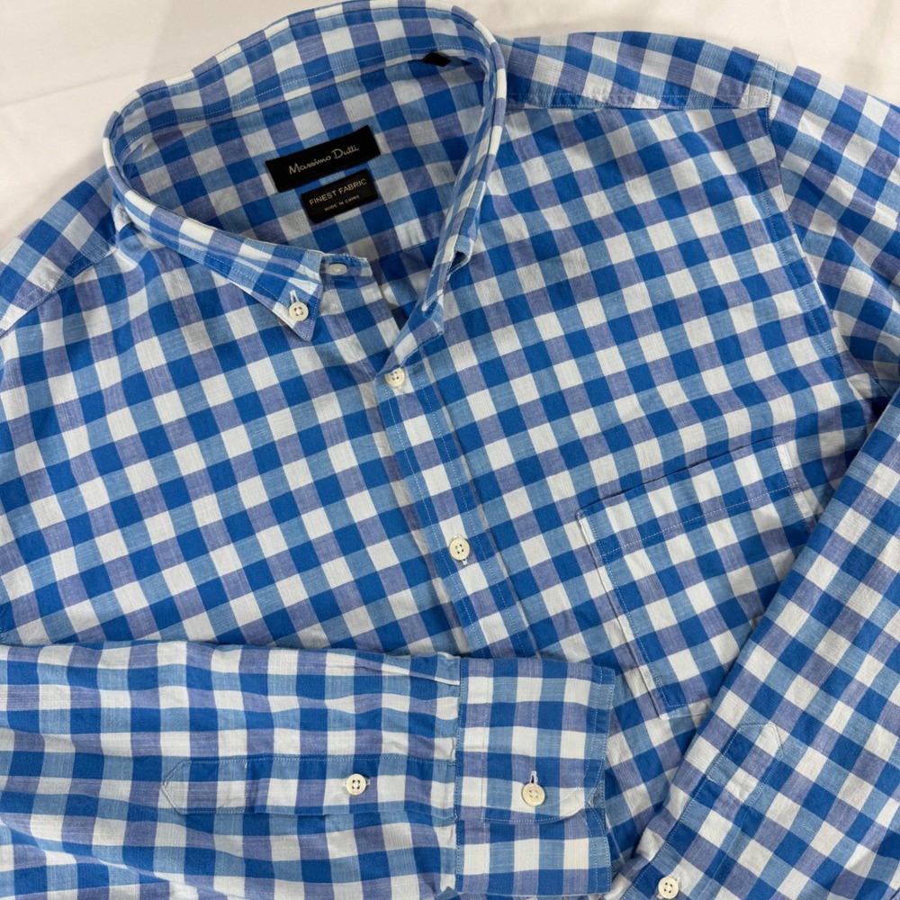 Massimo Dutti Mens Large 100% Cotton Blue White Gingham Check Button Down Shirt